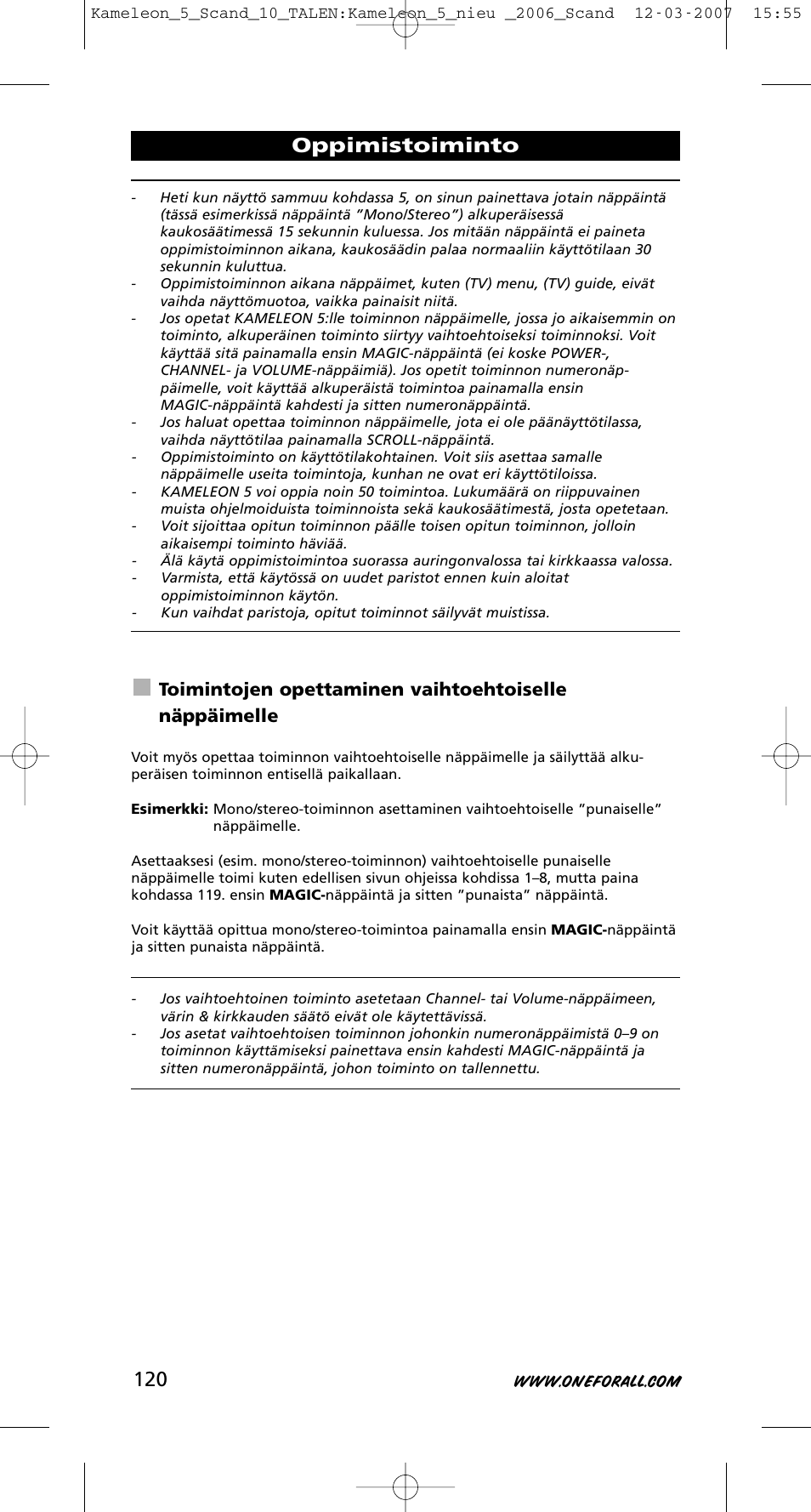 Oppimistoiminto | One for All KAMELEON URC-8305 User Manual | Page 121 / 293