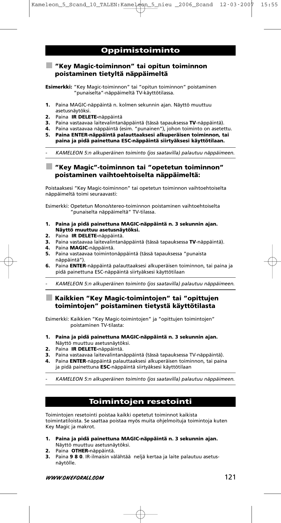 Oppimistoiminto toimintojen resetointi | One for All KAMELEON URC-8305 User Manual | Page 122 / 293