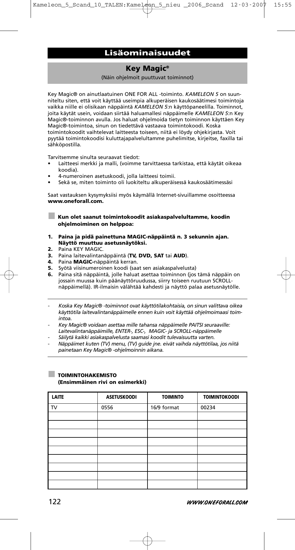 Key magic, Lisäominaisuudet | One for All KAMELEON URC-8305 User Manual | Page 123 / 293