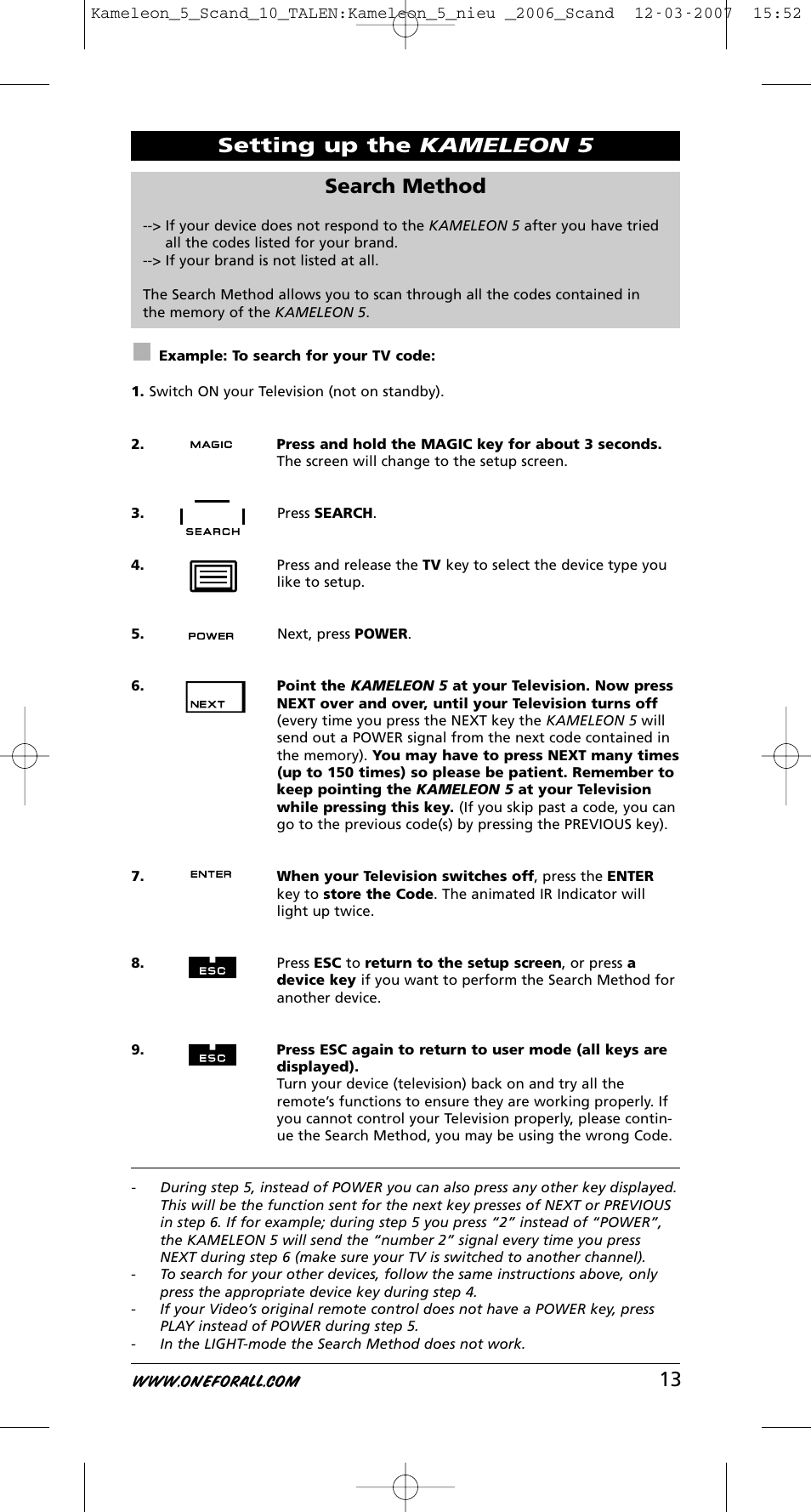 13 search method, Setting up the kameleon 5 | One for All KAMELEON URC-8305 User Manual | Page 14 / 293