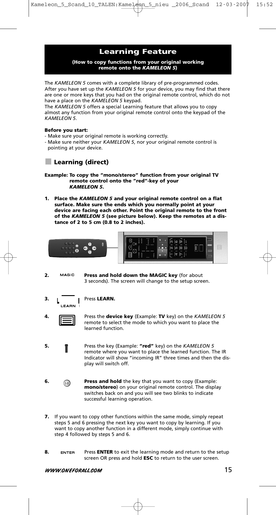 Learning feature, Learning (direct) | One for All KAMELEON URC-8305 User Manual | Page 16 / 293