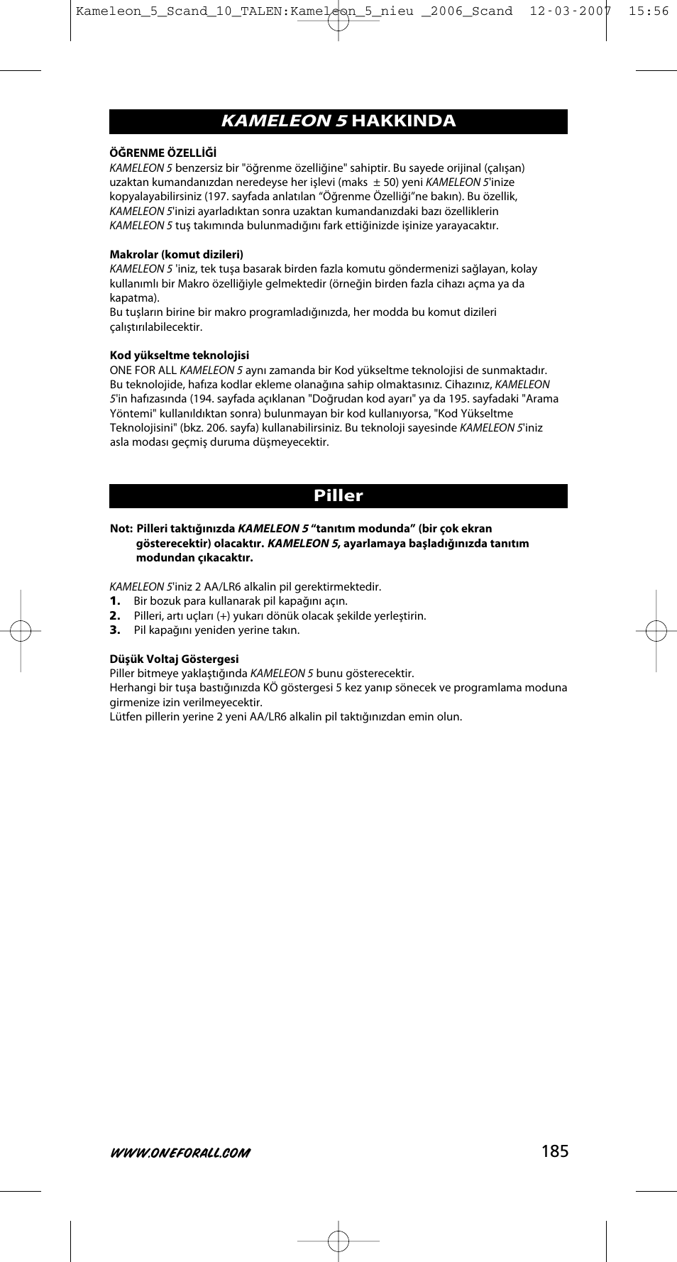 Kameleon 5, Hakkinda piller | One for All KAMELEON URC-8305 User Manual | Page 186 / 293