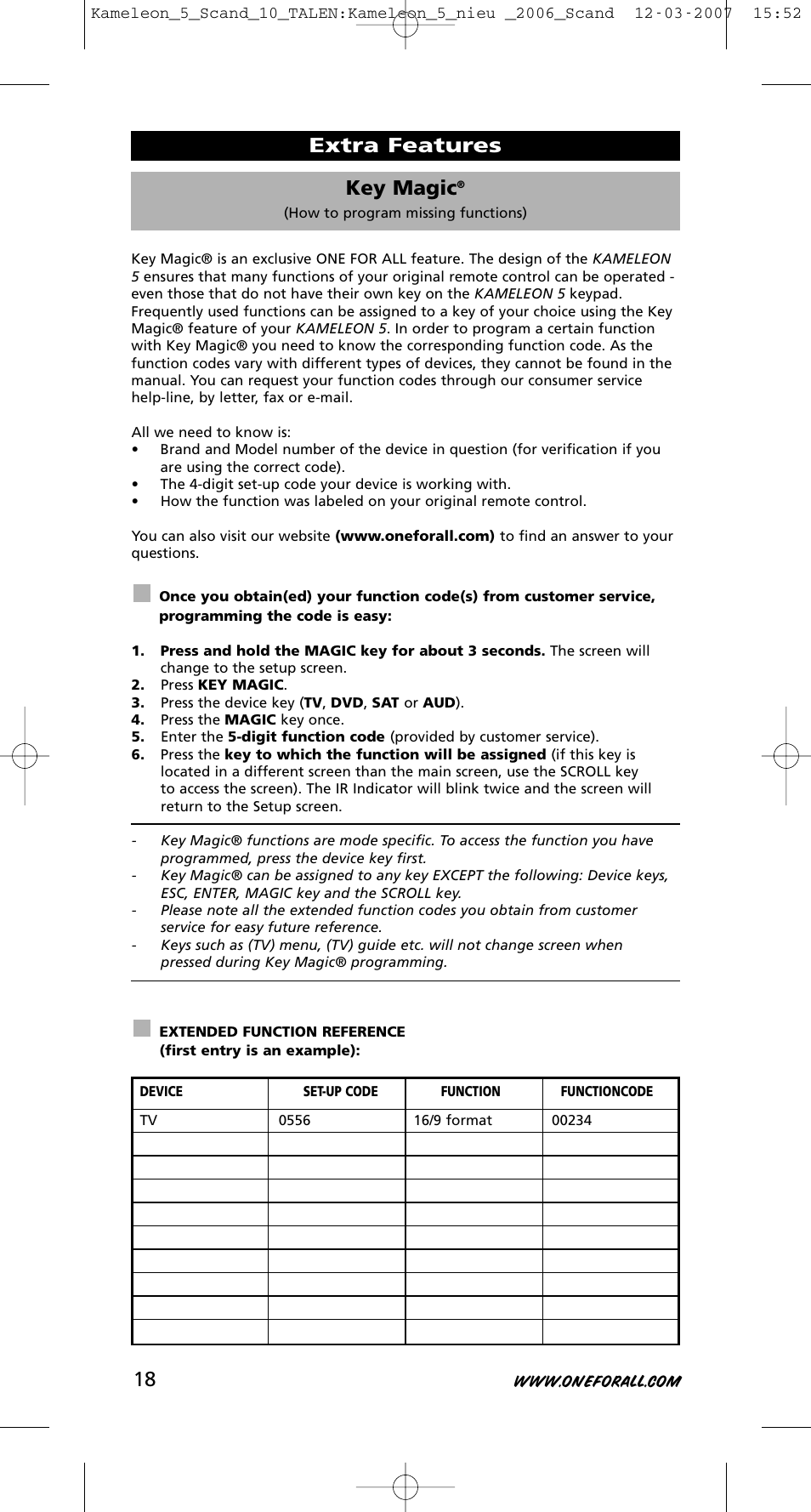 Key magic, Extra features | One for All KAMELEON URC-8305 User Manual | Page 19 / 293