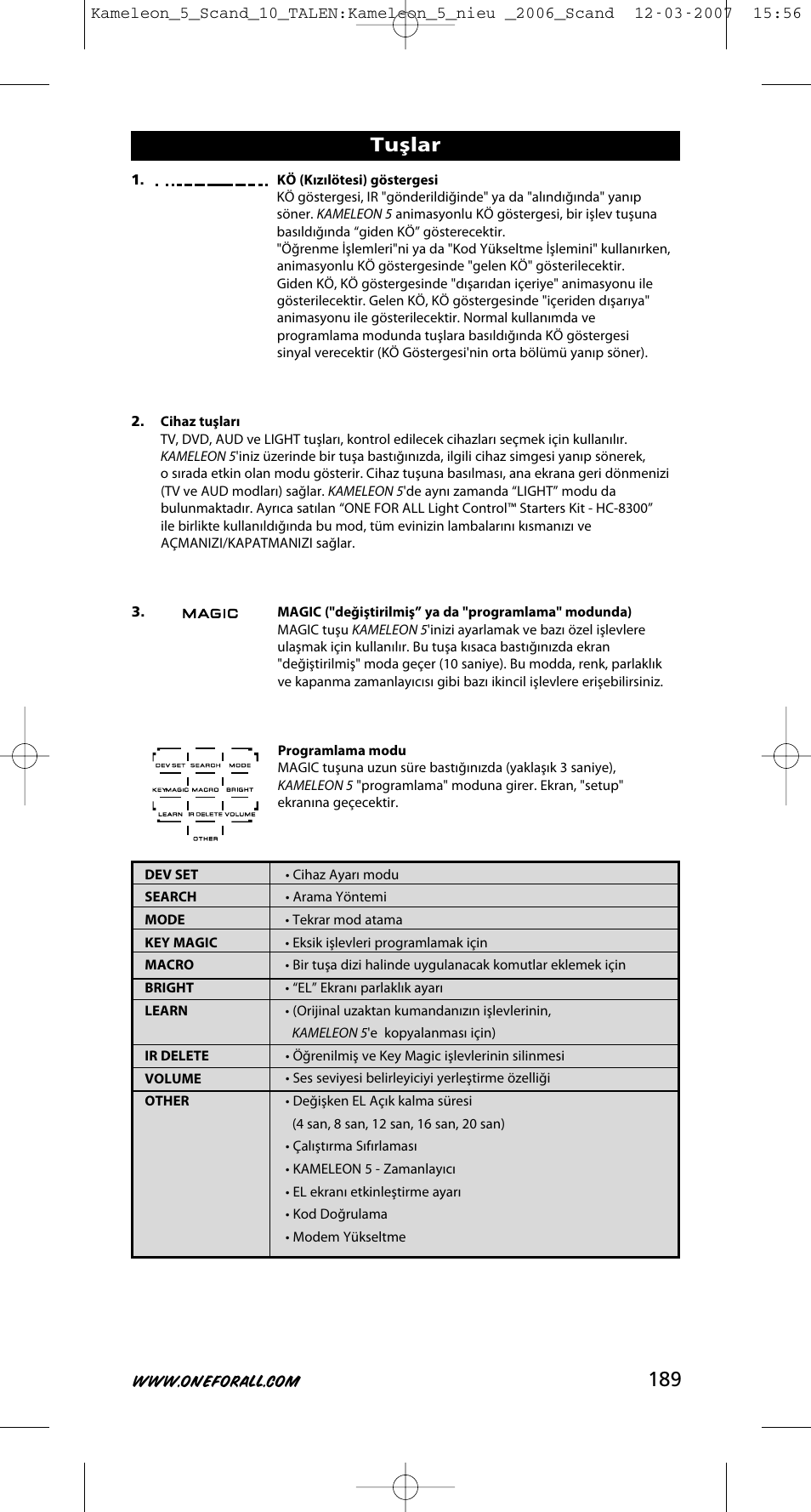 Tuşlar | One for All KAMELEON URC-8305 User Manual | Page 190 / 293