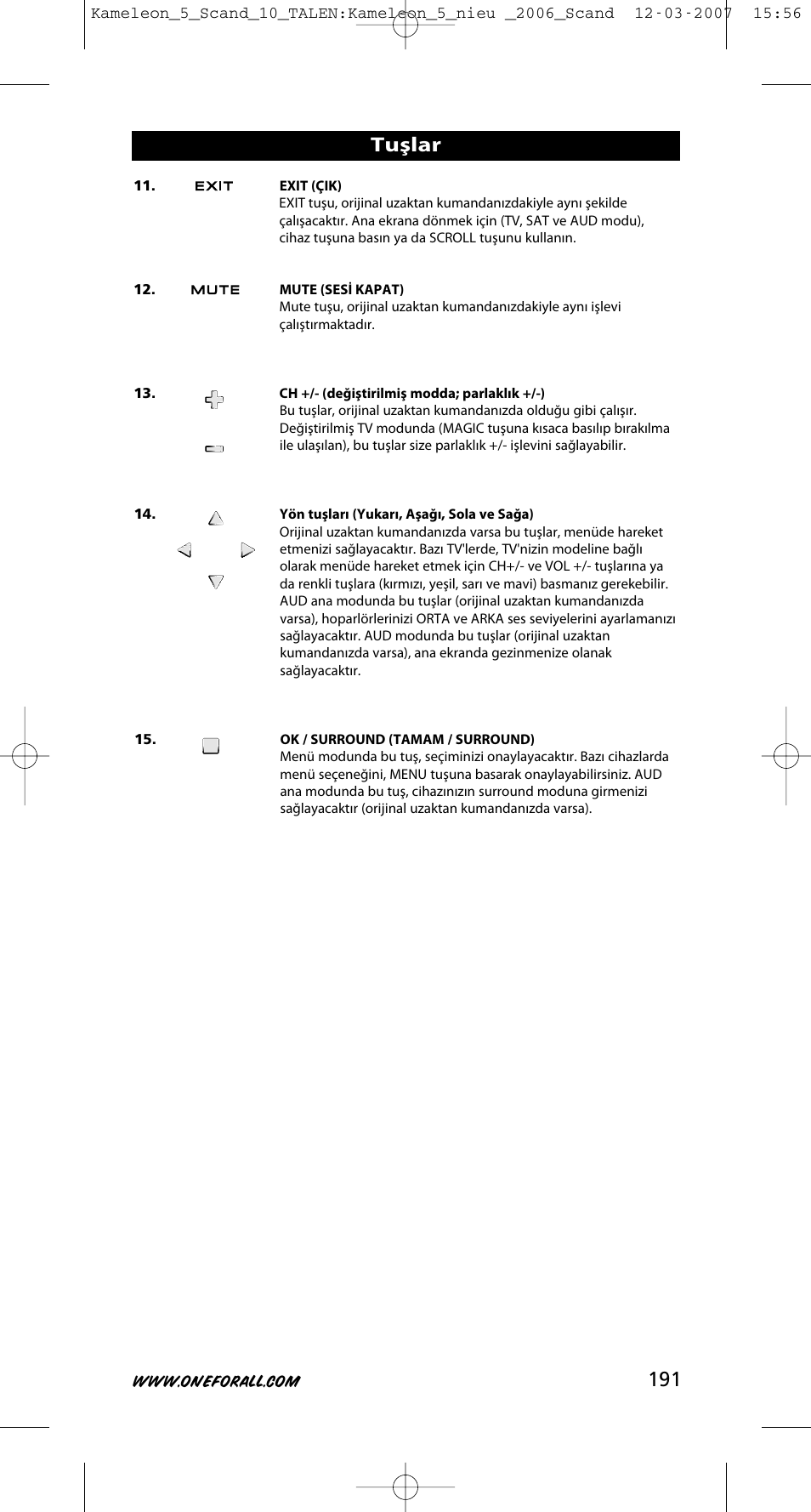 191 tuşlar | One for All KAMELEON URC-8305 User Manual | Page 192 / 293