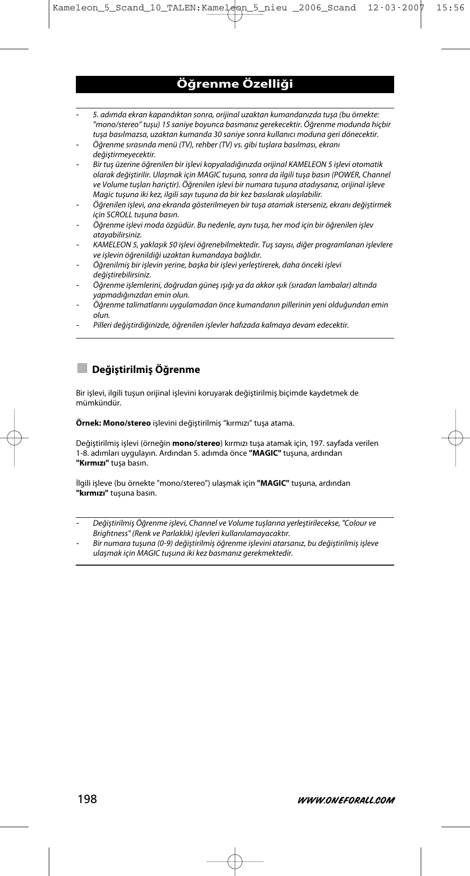 Öğrenme özelliği, Değiştirilmiş öğrenme | One for All KAMELEON URC-8305 User Manual | Page 199 / 293