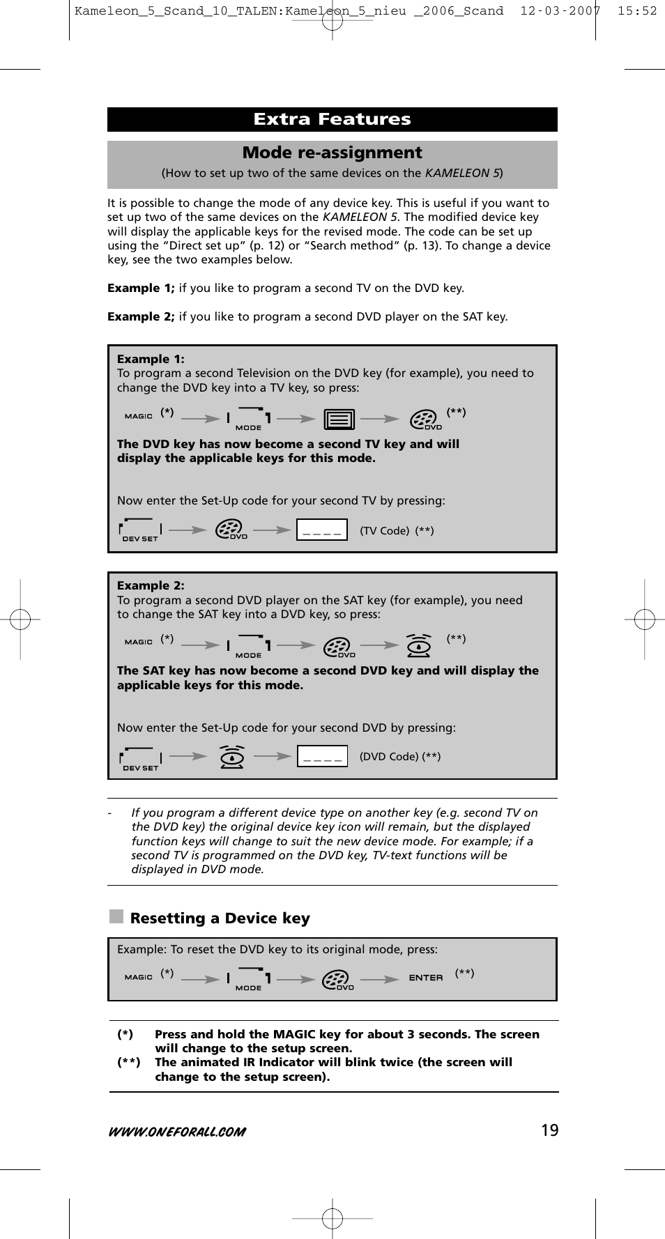 19 mode re-assignment, Extra features, Resetting a device key | One for All KAMELEON URC-8305 User Manual | Page 20 / 293