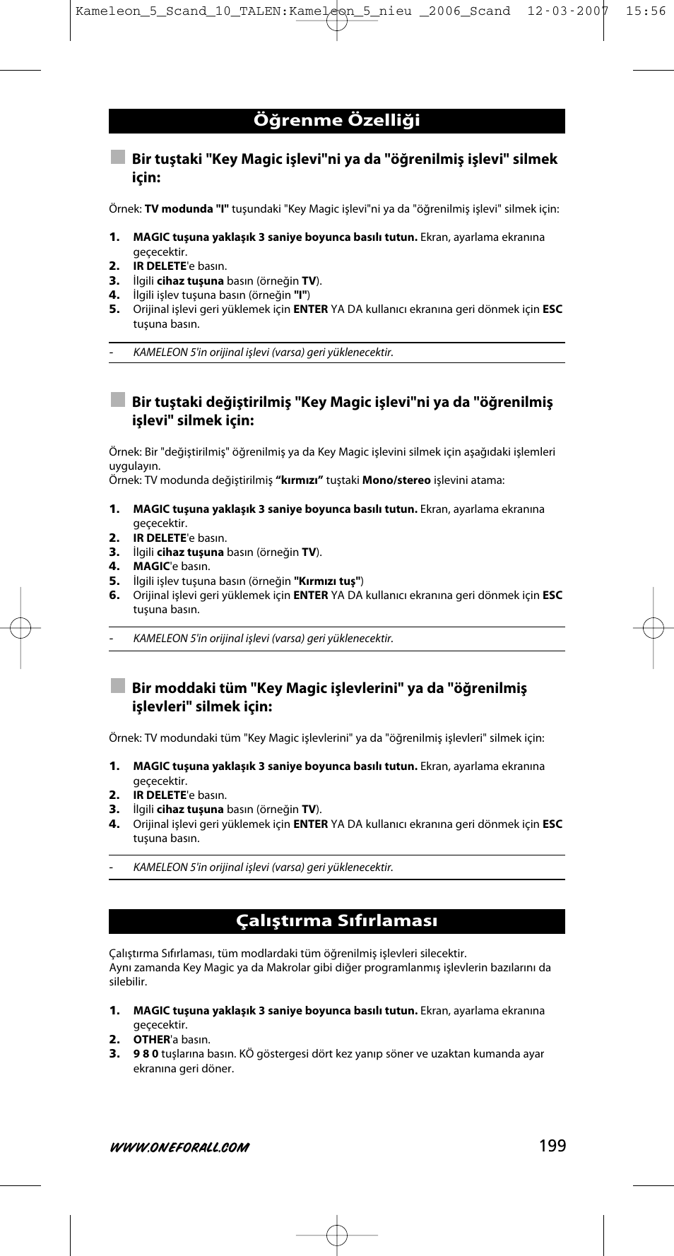 Öğrenme özelliği çalıştırma sıfırlaması | One for All KAMELEON URC-8305 User Manual | Page 200 / 293