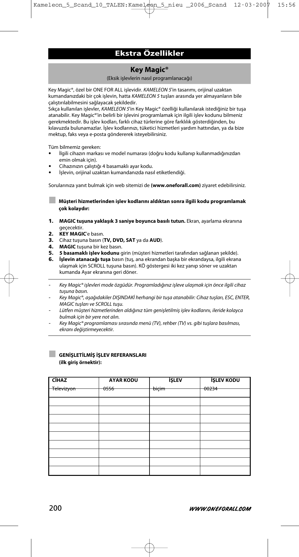 Key magic, Ekstra özellikler | One for All KAMELEON URC-8305 User Manual | Page 201 / 293