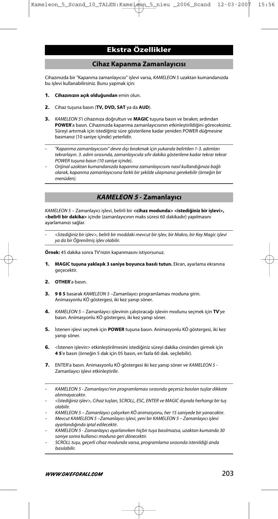 203 cihaz kapanma zamanlayıcısı, Kameleon 5 - zamanlayıcı, Ekstra özellikler | One for All KAMELEON URC-8305 User Manual | Page 204 / 293