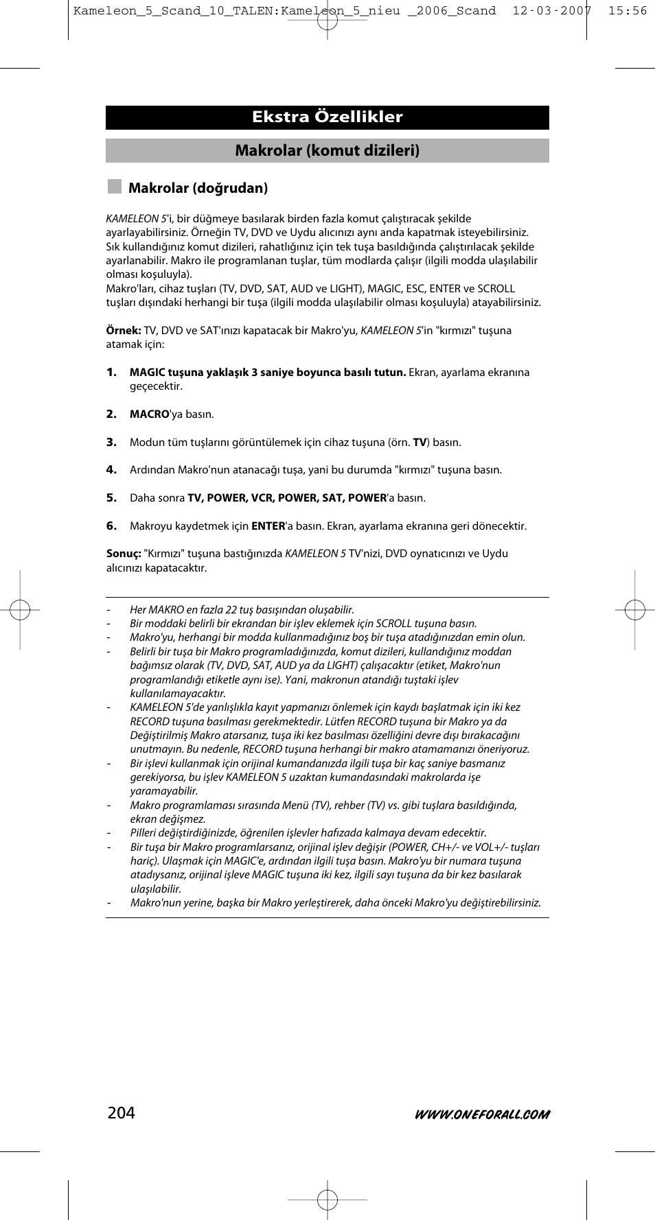 Makrolar (komut dizileri), Ekstra özellikler, Makrolar (doğrudan) | One for All KAMELEON URC-8305 User Manual | Page 205 / 293