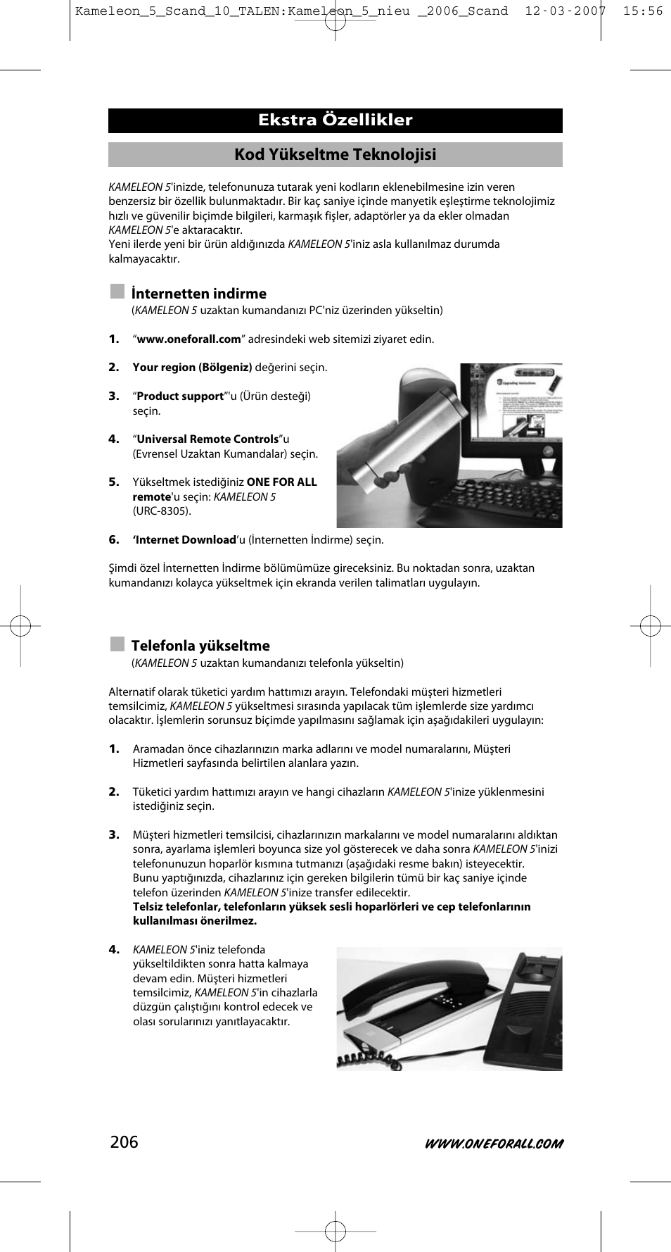 Kod yükseltme teknolojisi, Ekstra özellikler, Internetten indirme | Telefonla yükseltme | One for All KAMELEON URC-8305 User Manual | Page 207 / 293