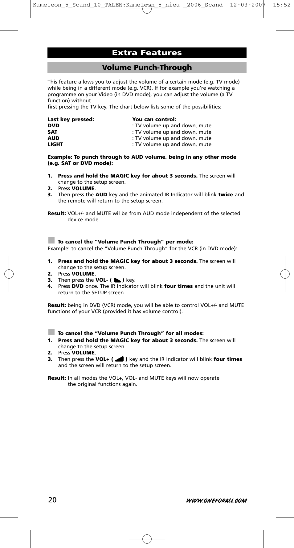 Volume punch-through, Extra features | One for All KAMELEON URC-8305 User Manual | Page 21 / 293