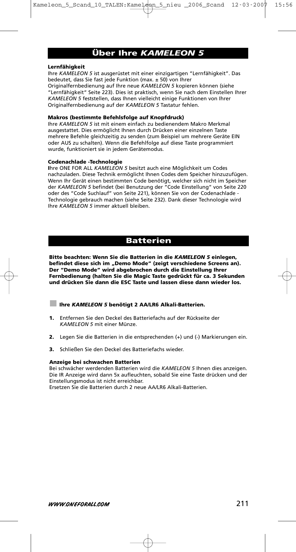 211 batterien, Über ihre kameleon 5 | One for All KAMELEON URC-8305 User Manual | Page 212 / 293