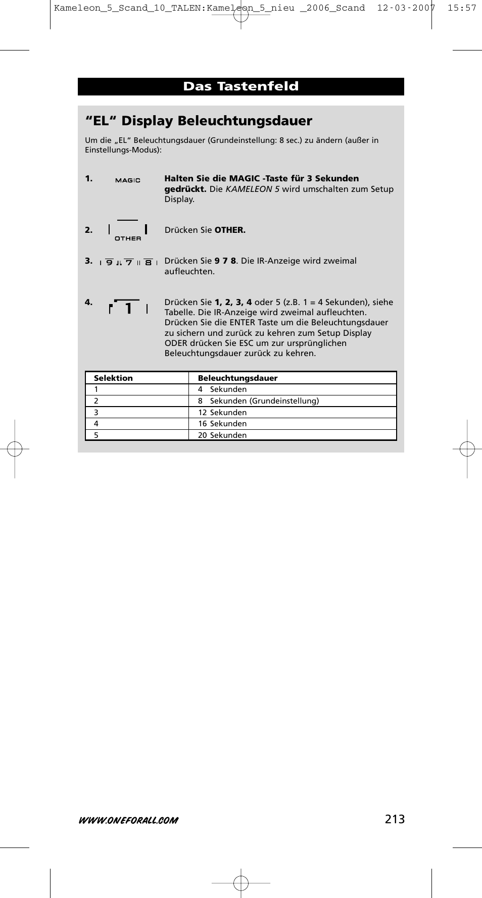 El“ display beleuchtungsdauer, 213 das tastenfeld | One for All KAMELEON URC-8305 User Manual | Page 214 / 293