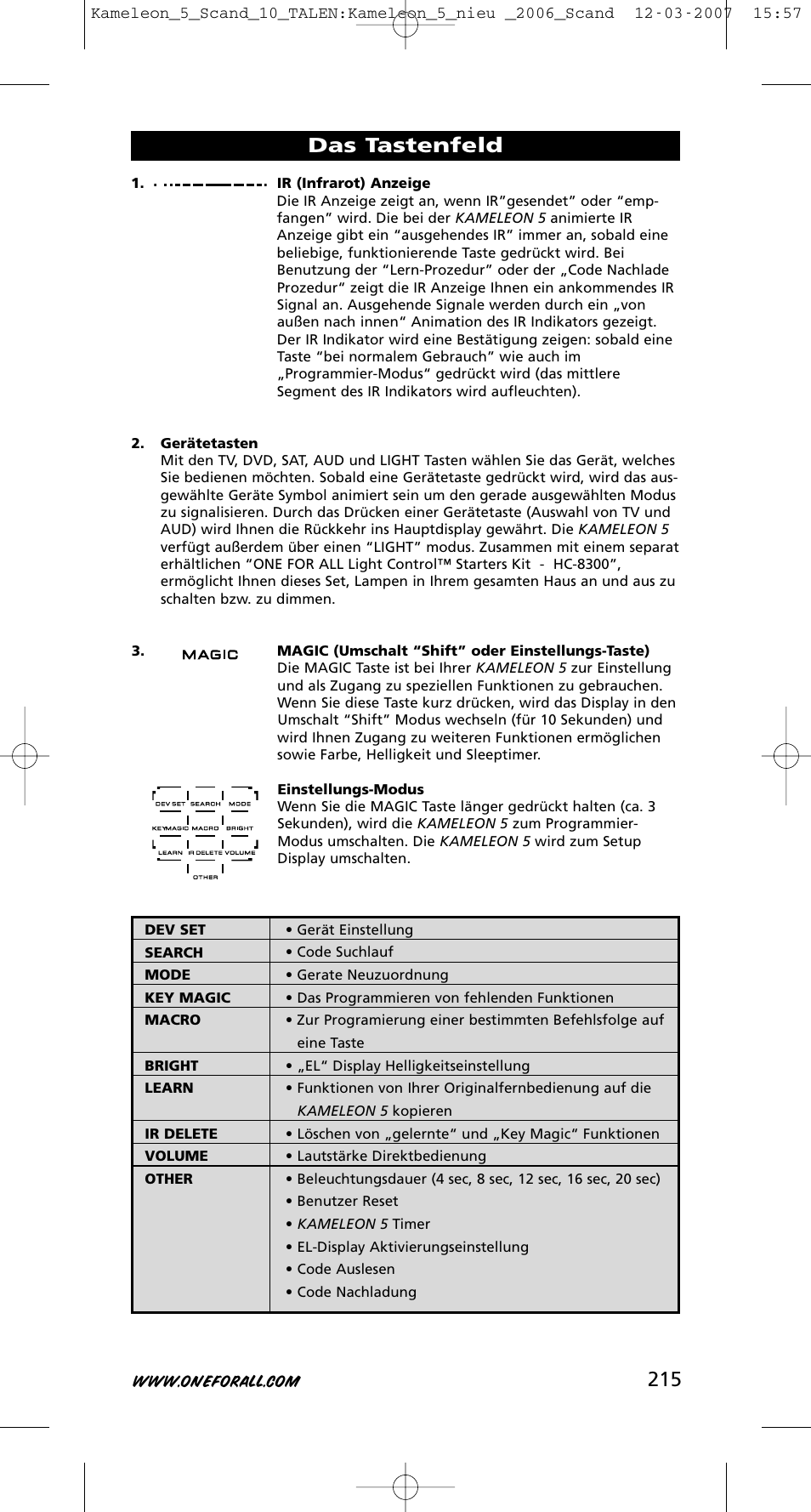 Das tastenfeld | One for All KAMELEON URC-8305 User Manual | Page 216 / 293