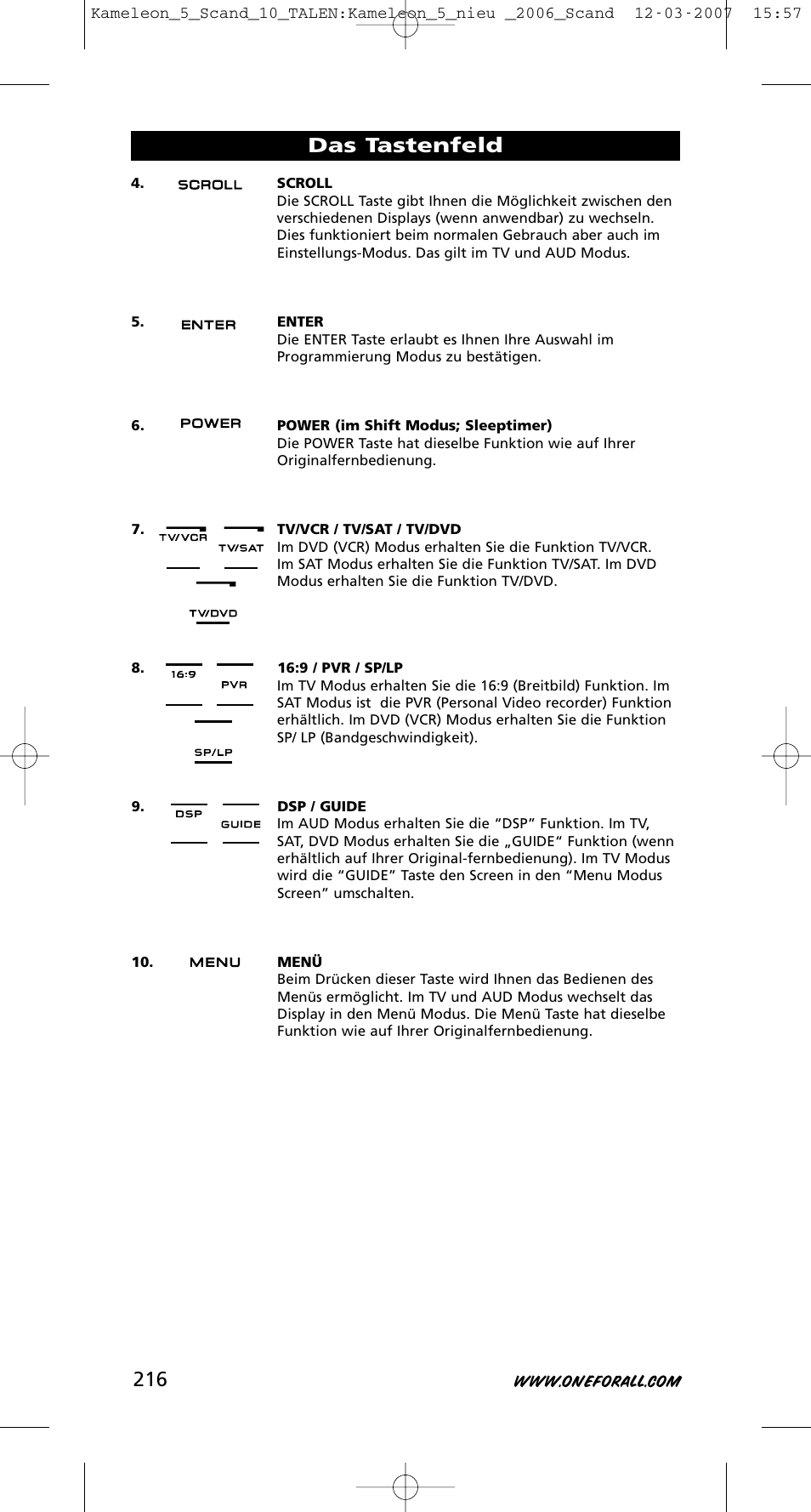 Das tastenfeld | One for All KAMELEON URC-8305 User Manual | Page 217 / 293