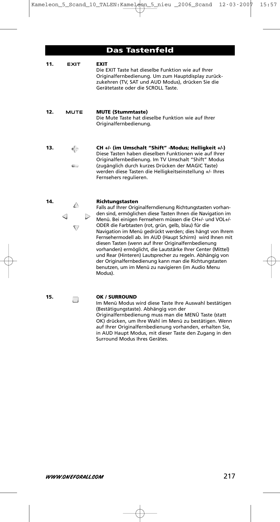 217 das tastenfeld | One for All KAMELEON URC-8305 User Manual | Page 218 / 293