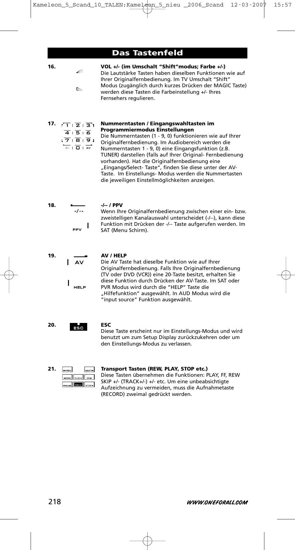 Das tastenfeld | One for All KAMELEON URC-8305 User Manual | Page 219 / 293