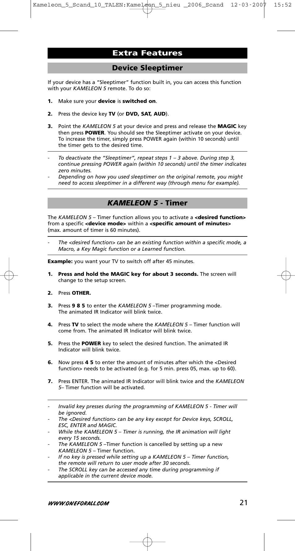 21 device sleeptimer, Kameleon 5 - timer, Extra features | One for All KAMELEON URC-8305 User Manual | Page 22 / 293