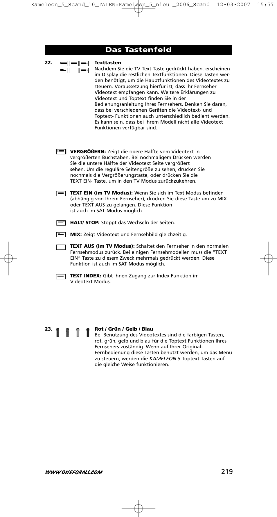 219 das tastenfeld | One for All KAMELEON URC-8305 User Manual | Page 220 / 293