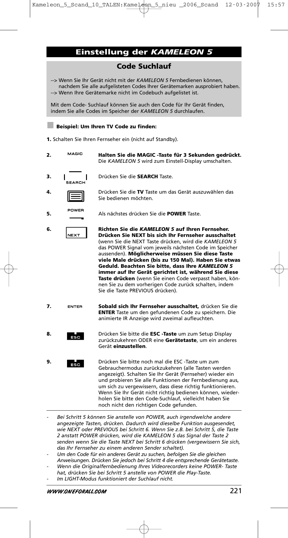 221 code suchlauf, Einstellung der kameleon 5 | One for All KAMELEON URC-8305 User Manual | Page 222 / 293