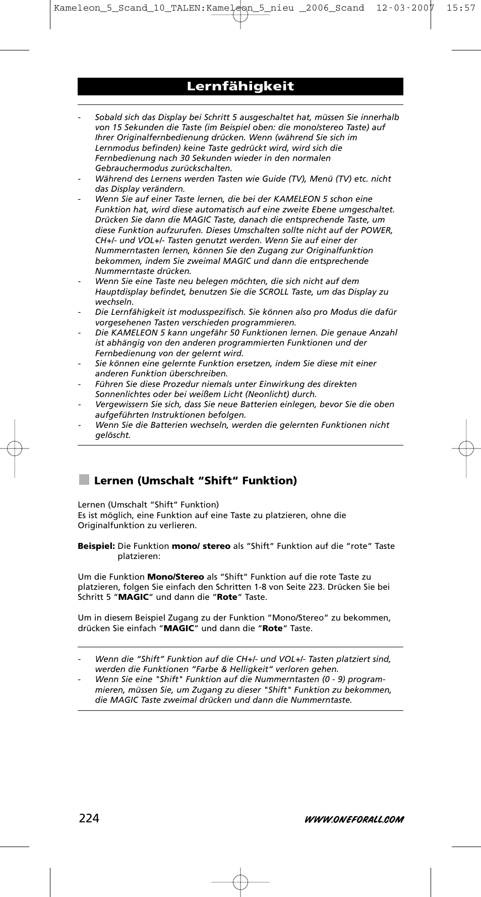 Lernfähigkeit, Lernen (umschalt “shift“ funktion) | One for All KAMELEON URC-8305 User Manual | Page 225 / 293