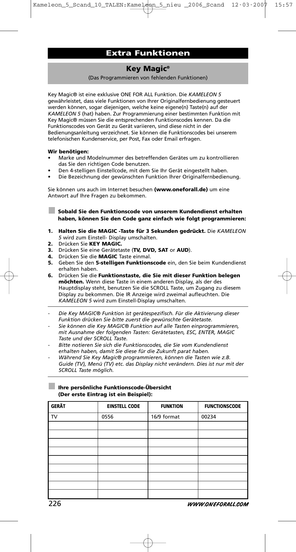 Key magic, Extra funktionen | One for All KAMELEON URC-8305 User Manual | Page 227 / 293