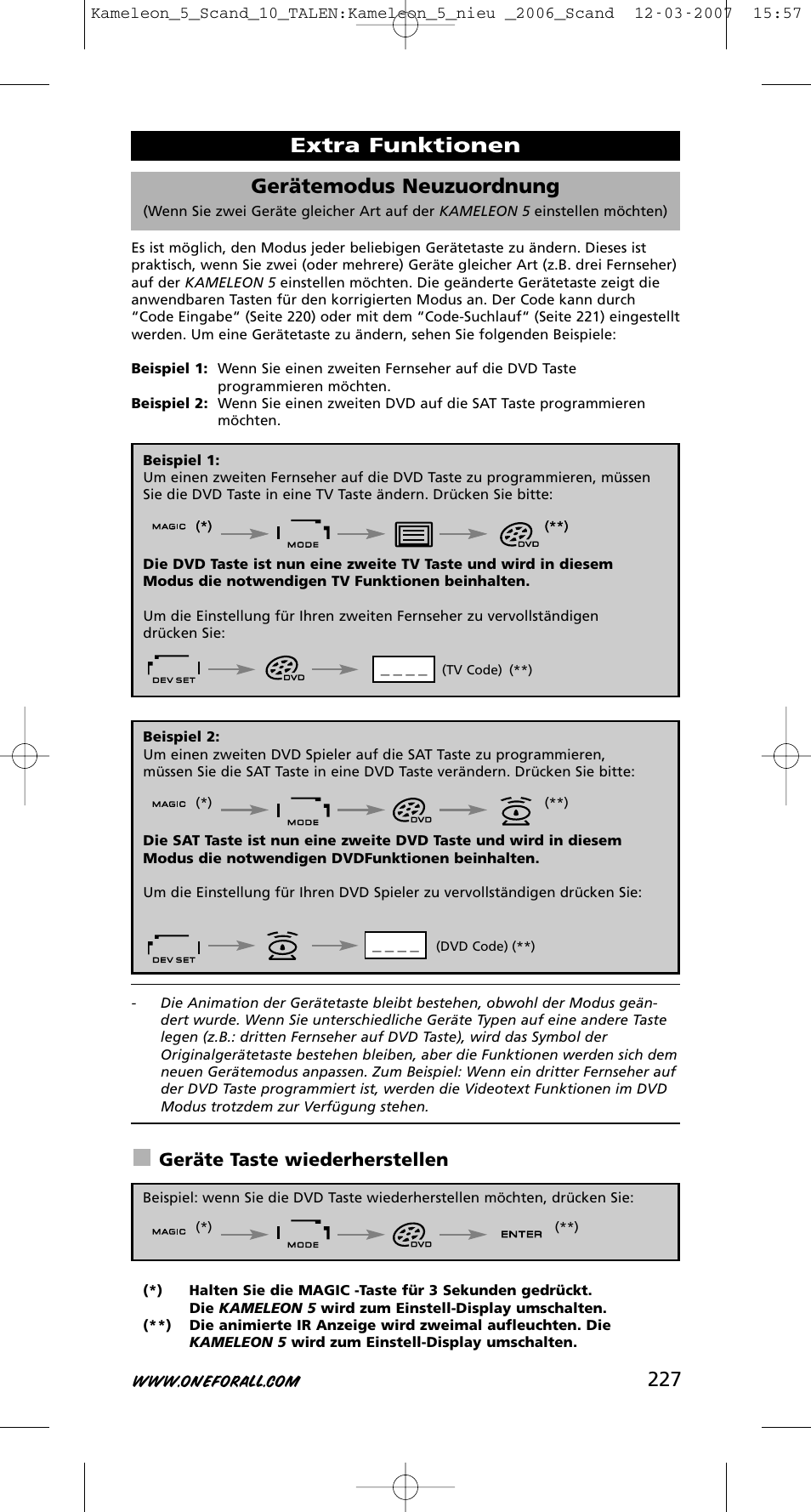 227 gerätemodus neuzuordnung, Extra funktionen, Geräte taste wiederherstellen | One for All KAMELEON URC-8305 User Manual | Page 228 / 293