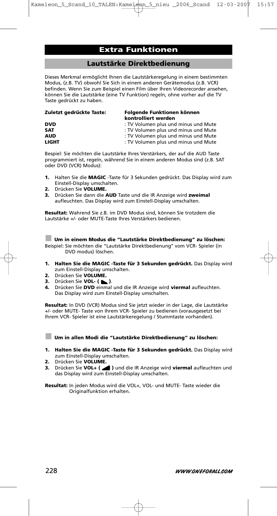 Lautstärke direktbedienung, Extra funktionen | One for All KAMELEON URC-8305 User Manual | Page 229 / 293