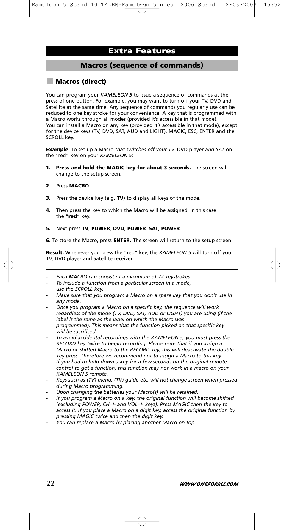 Macros (sequence of commands), Extra features, Macros (direct) | One for All KAMELEON URC-8305 User Manual | Page 23 / 293