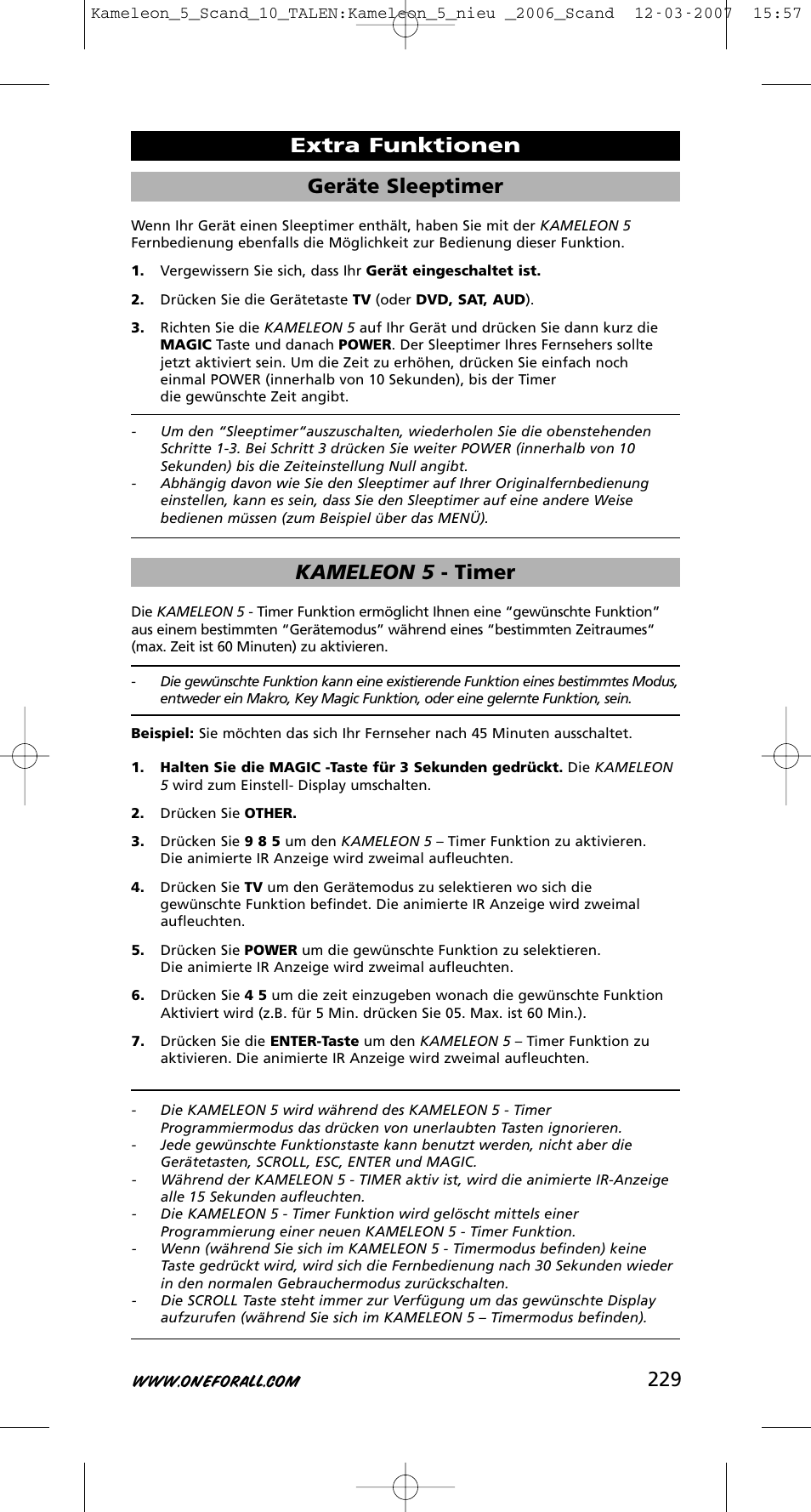 229 geräte sleeptimer, Kameleon 5 - timer, Extra funktionen | One for All KAMELEON URC-8305 User Manual | Page 230 / 293