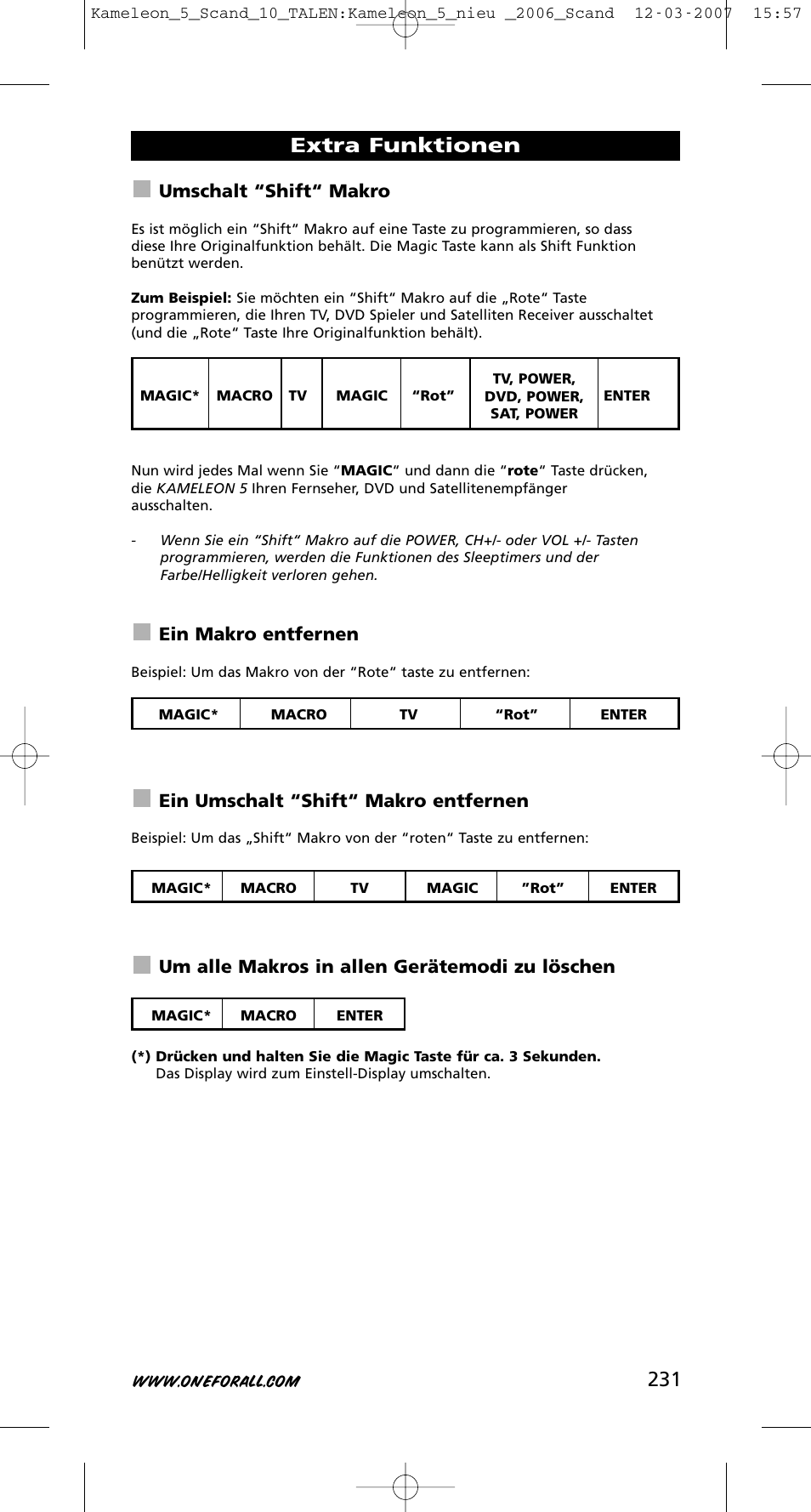 Extra funktionen, Umschalt “shift“ makro, Ein makro entfernen | Ein umschalt “shift“ makro entfernen, Um alle makros in allen gerätemodi zu löschen | One for All KAMELEON URC-8305 User Manual | Page 232 / 293