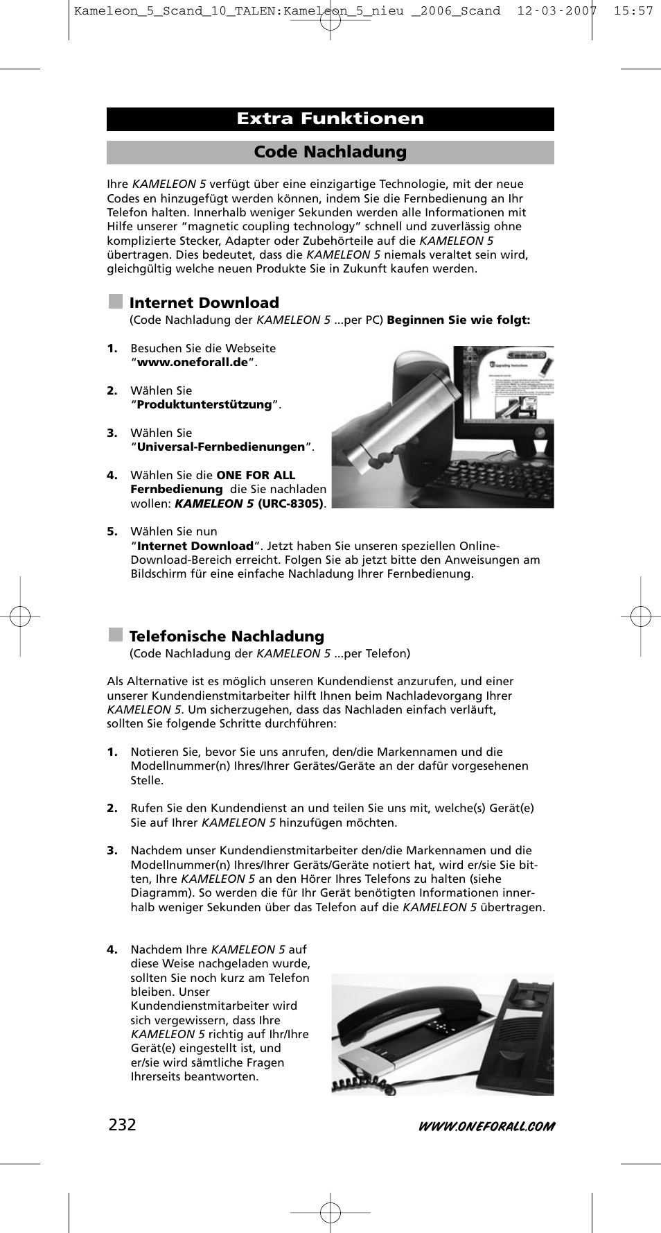 Code nachladung, Extra funktionen, Internet download | Telefonische nachladung | One for All KAMELEON URC-8305 User Manual | Page 233 / 293