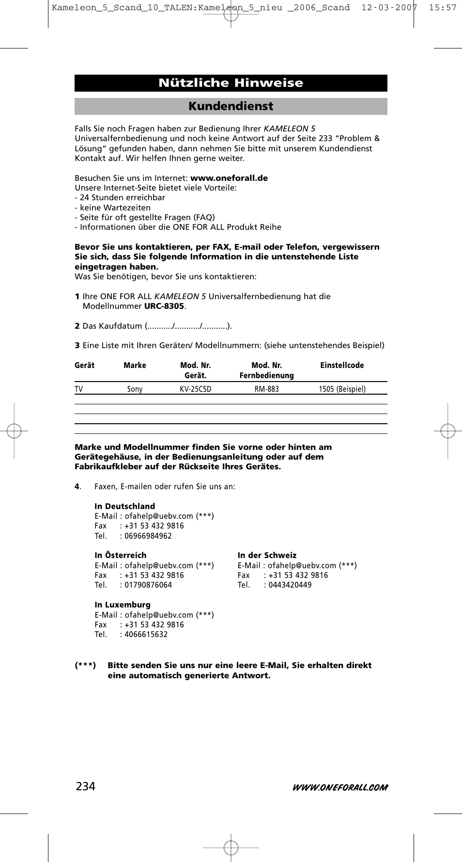 Kundendienst, Nützliche hinweise | One for All KAMELEON URC-8305 User Manual | Page 235 / 293