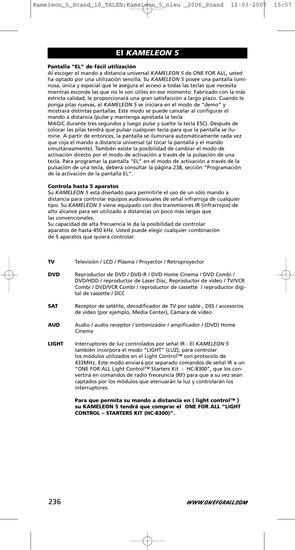 El kameleon 5 | One for All KAMELEON URC-8305 User Manual | Page 237 / 293