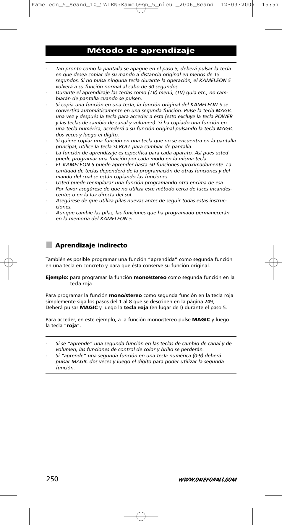 Método de aprendizaje, Aprendizaje indirecto | One for All KAMELEON URC-8305 User Manual | Page 251 / 293