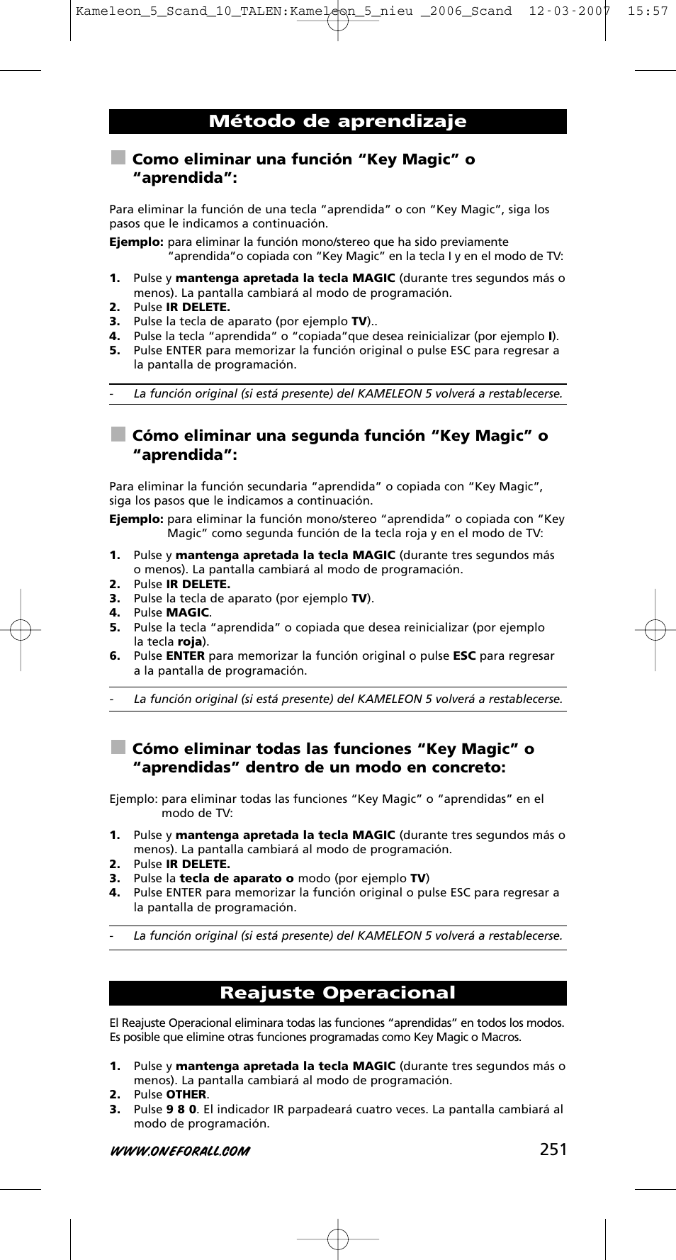 Método de aprendizaje reajuste operacional, Como eliminar una función “key magic” o “aprendida | One for All KAMELEON URC-8305 User Manual | Page 252 / 293