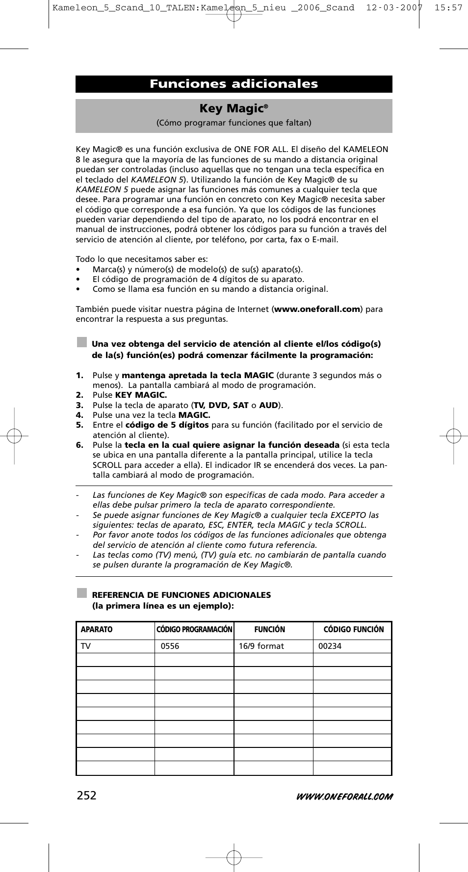 Key magic, Funciones adicionales | One for All KAMELEON URC-8305 User Manual | Page 253 / 293