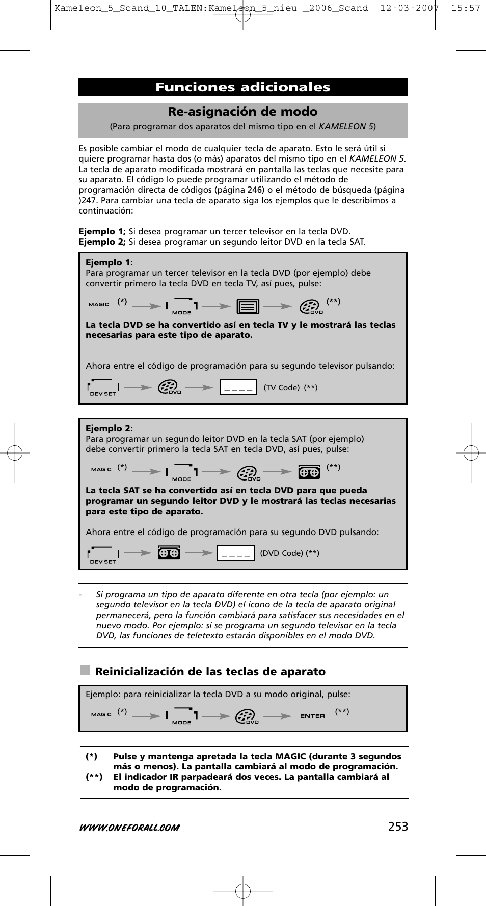 253 re-asignación de modo, Funciones adicionales, Reinicialización de las teclas de aparato | One for All KAMELEON URC-8305 User Manual | Page 254 / 293