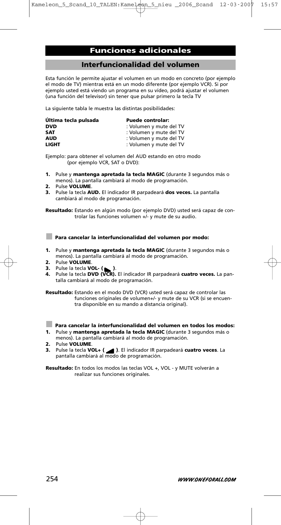 Interfuncionalidad del volumen, Funciones adicionales | One for All KAMELEON URC-8305 User Manual | Page 255 / 293