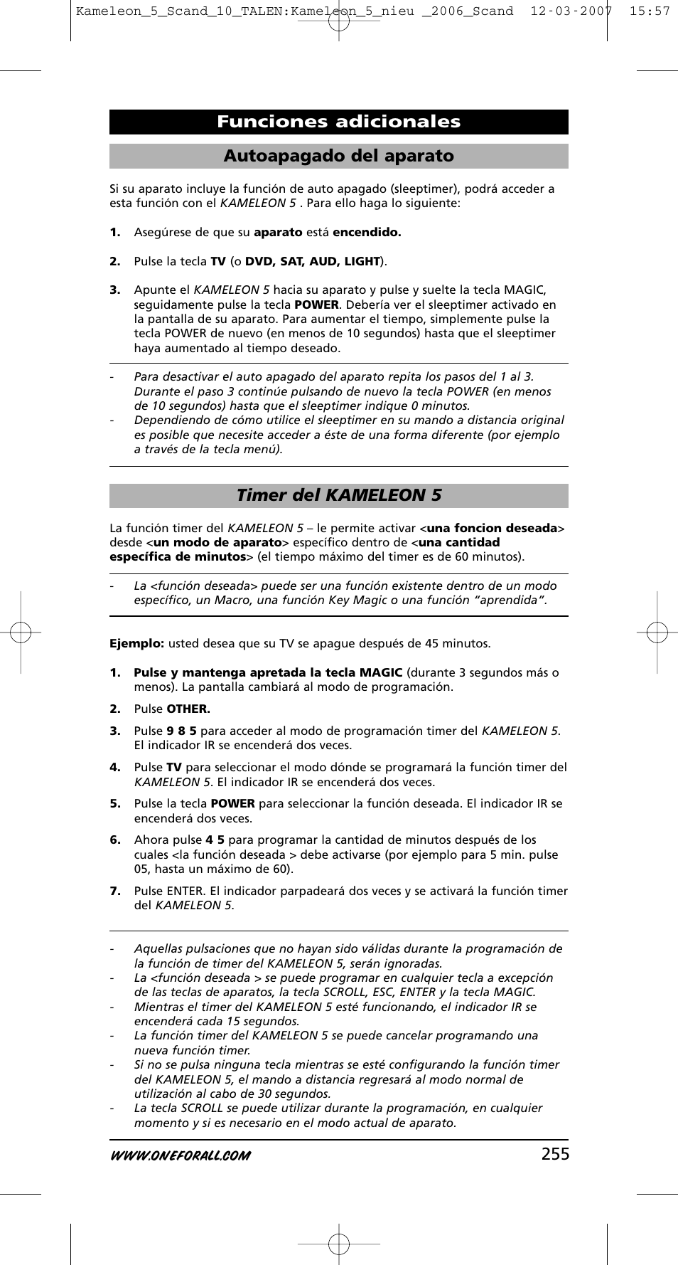 255 autoapagado del aparato, Timer del kameleon 5, Funciones adicionales | One for All KAMELEON URC-8305 User Manual | Page 256 / 293