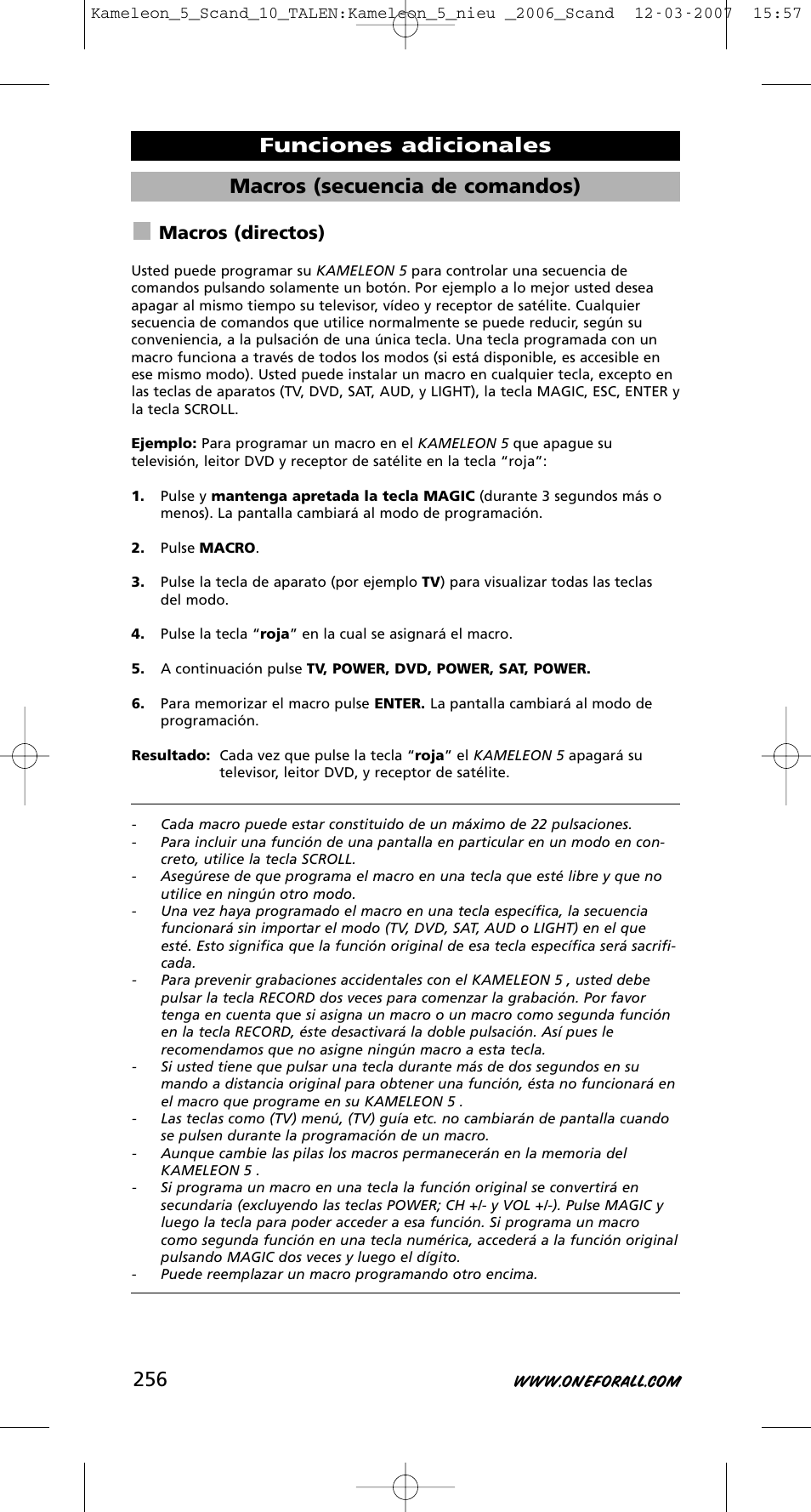 Macros (secuencia de comandos), Funciones adicionales, Macros (directos) | One for All KAMELEON URC-8305 User Manual | Page 257 / 293