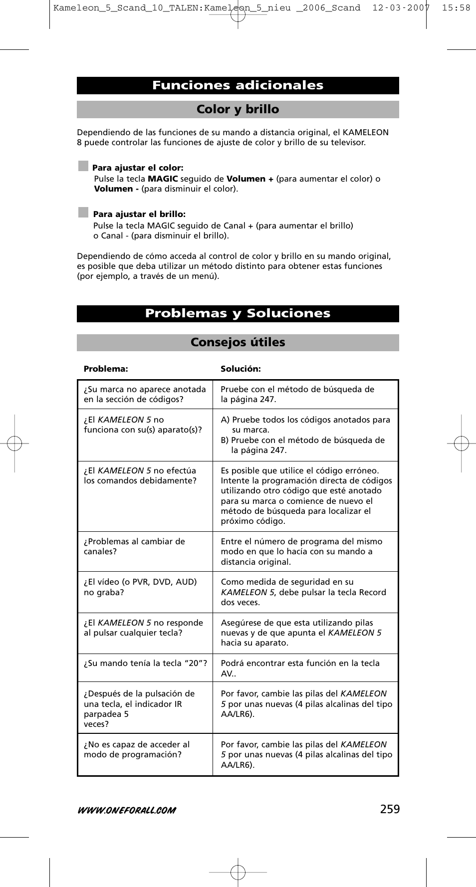 259 color y brillo | One for All KAMELEON URC-8305 User Manual | Page 260 / 293