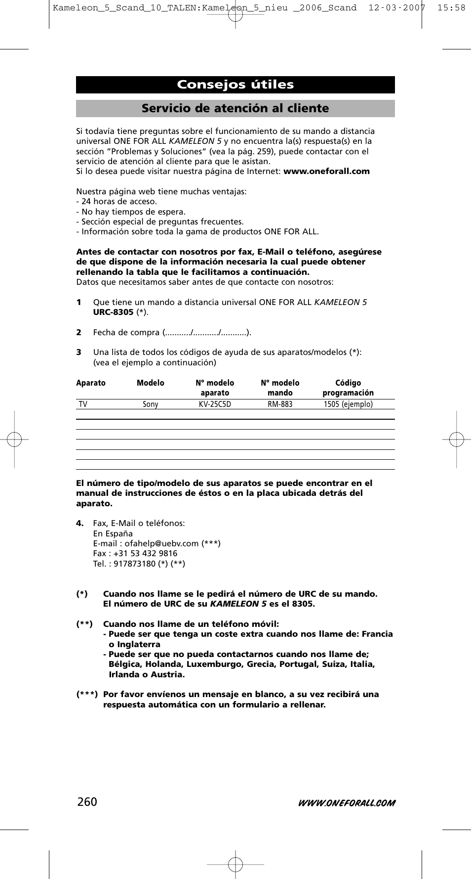 Servicio de atención al cliente, Consejos útiles | One for All KAMELEON URC-8305 User Manual | Page 261 / 293