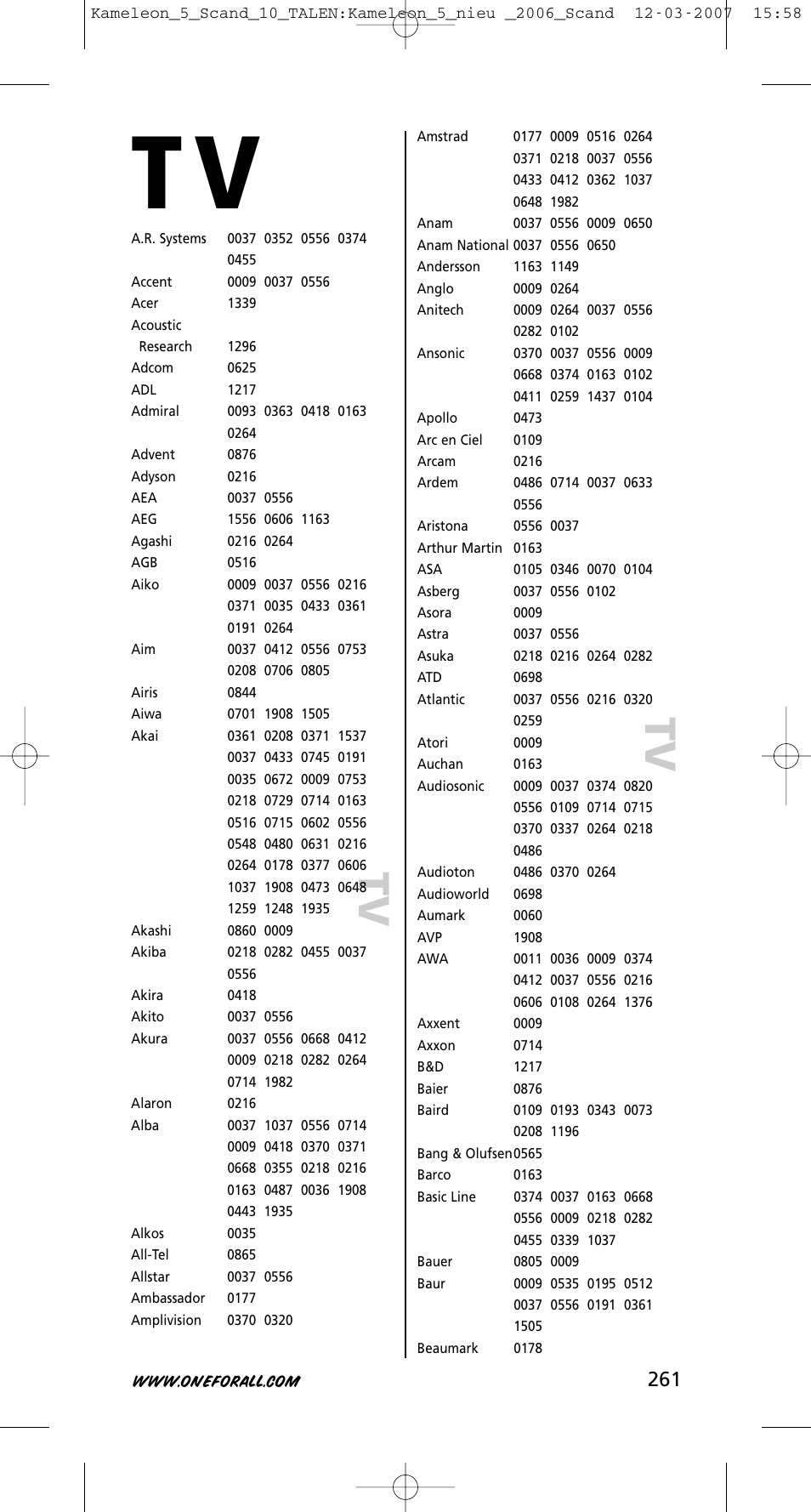 Tv t v | One for All KAMELEON URC-8305 User Manual | Page 262 / 293