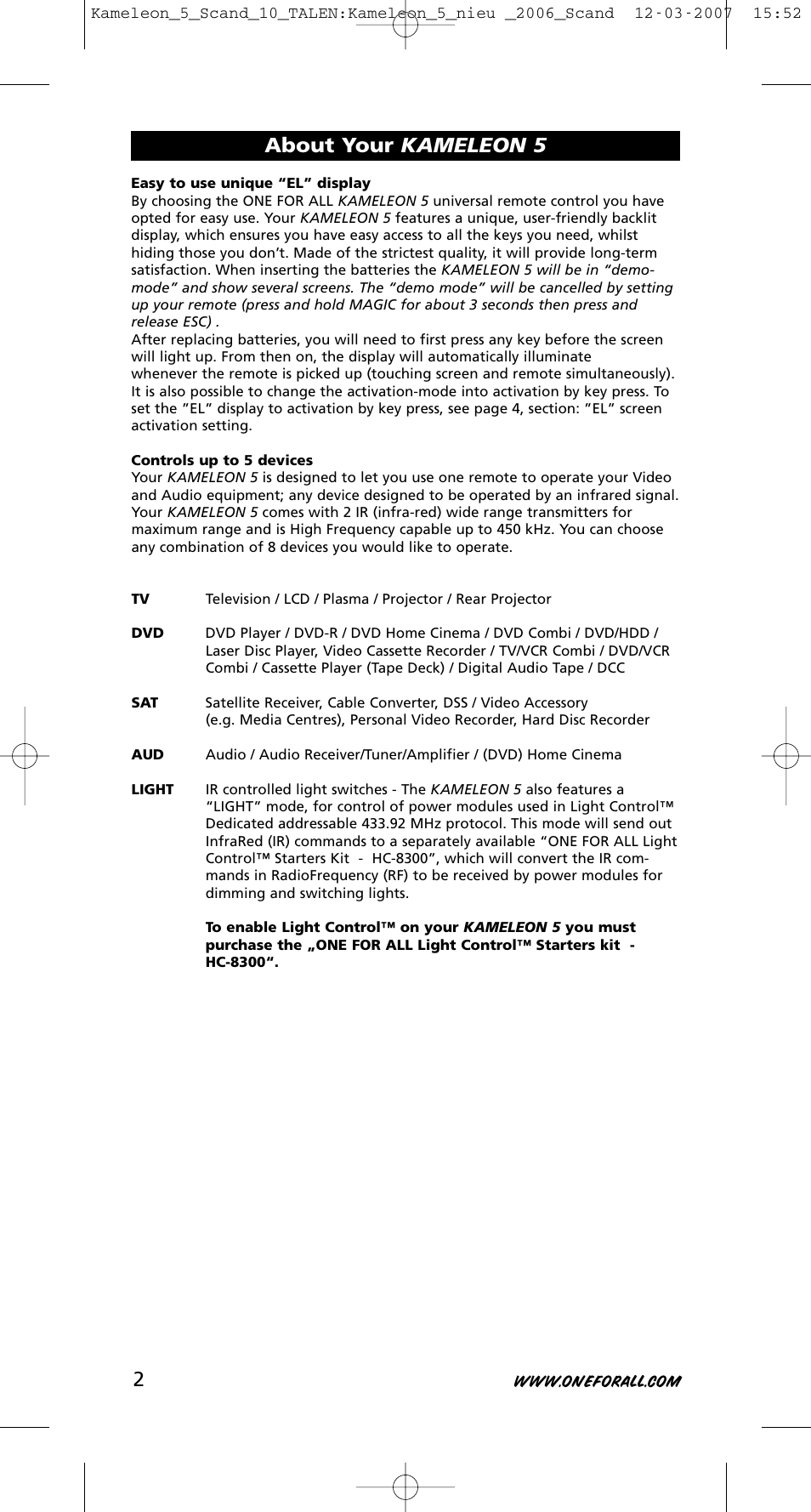 About your kameleon 5 | One for All KAMELEON URC-8305 User Manual | Page 3 / 293