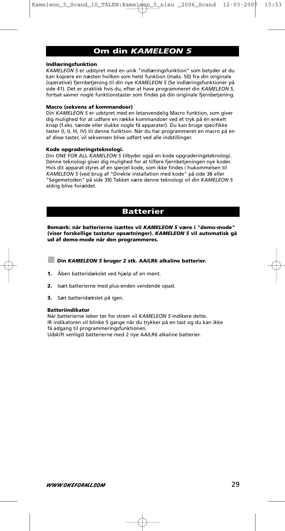 29 batterier, Om din kameleon 5 | One for All KAMELEON URC-8305 User Manual | Page 30 / 293