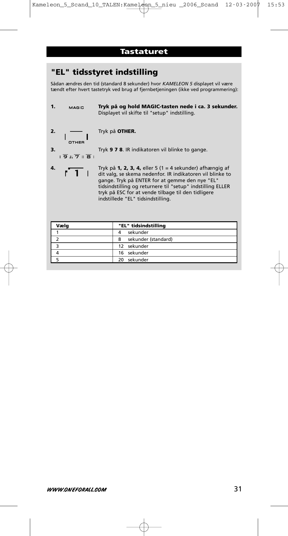 El" tidsstyret indstilling, 31 tastaturet | One for All KAMELEON URC-8305 User Manual | Page 32 / 293