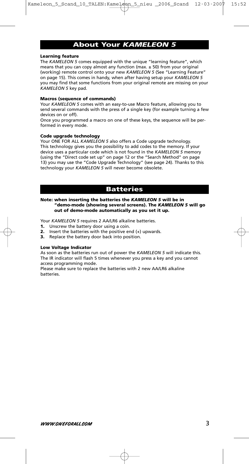 About your kameleon 5 batteries | One for All KAMELEON URC-8305 User Manual | Page 4 / 293